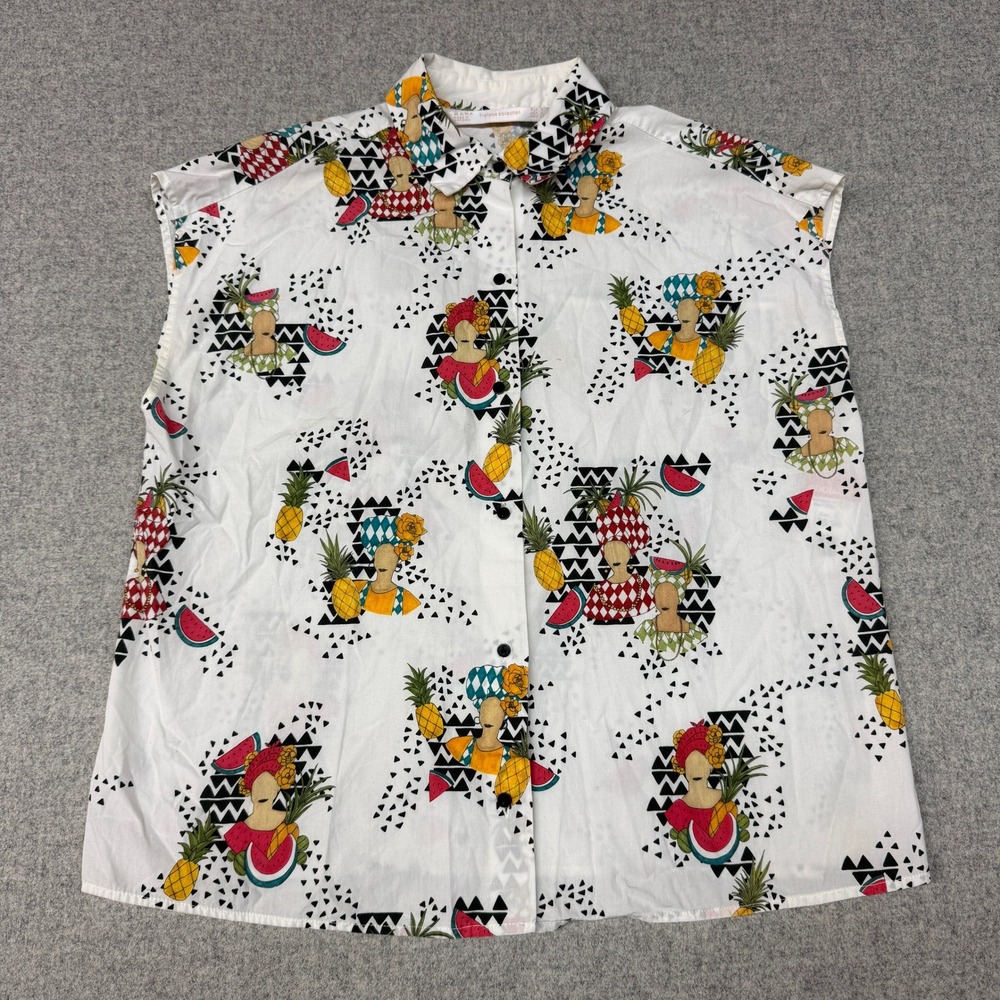 Zara Trafaluc Shirt Small White Tropical Fruit Pineapple Watermelon Sleeveless